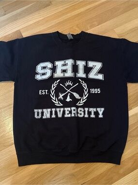 Gildan Black Crewneck Sweatshirt with White 'SHIZ University' Graphic